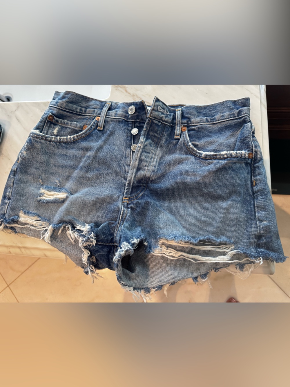 Agolde Distressed High-Rise Blue Denim Shorts